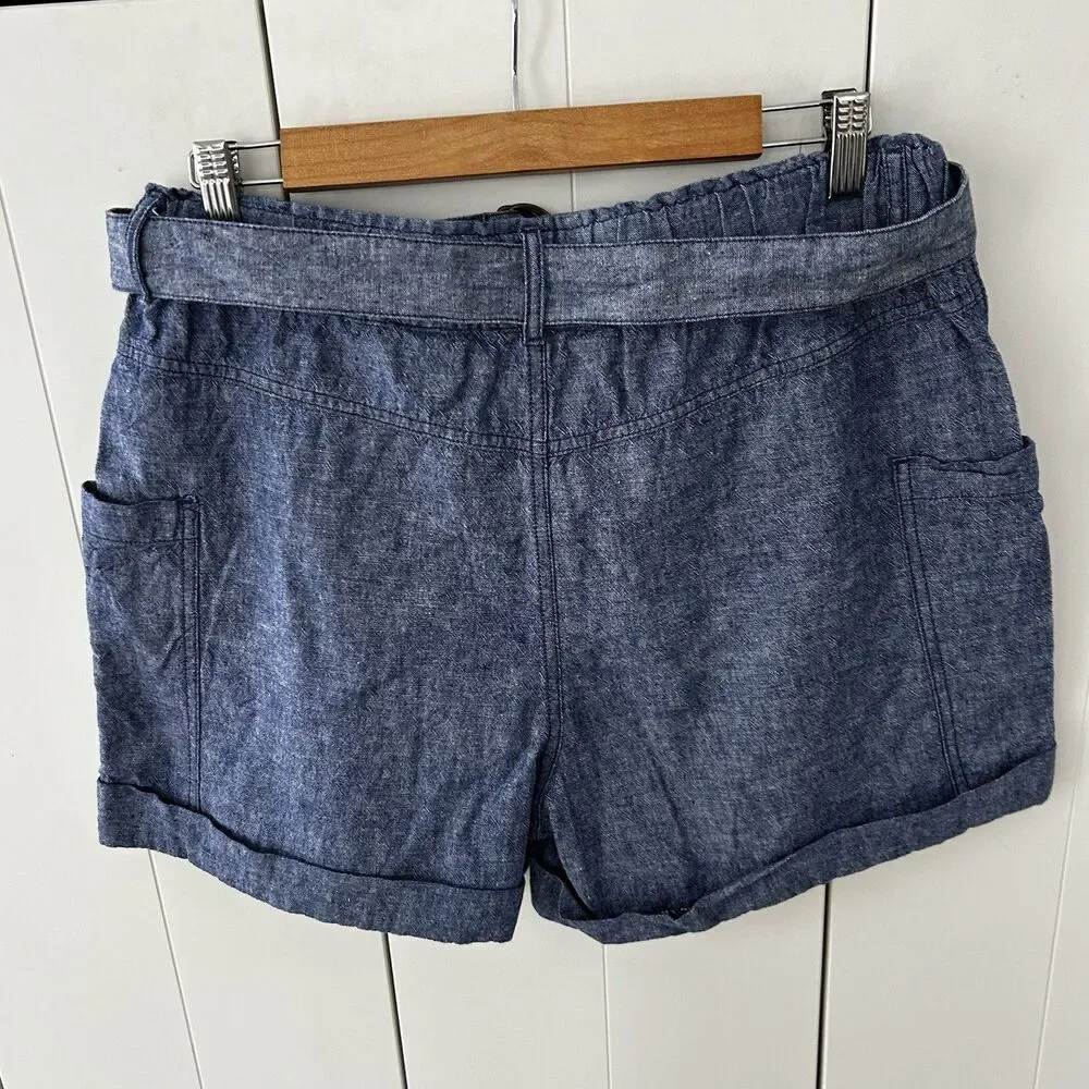 Anthropologie Hei Hei Shorts Size Medium Linen Cotton Blue Belted Pockets